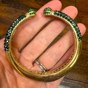 Joan Boyce skinny emerald green crystals on gold tone hardware bangle bracelets